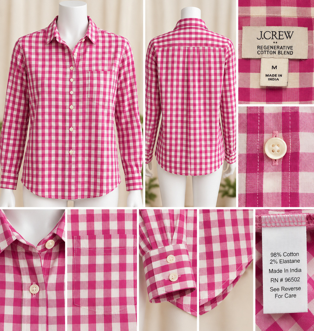 J.Crew Size M Pink White Gingham Academia Preppy Twee Cottagecore Coastal Casual
